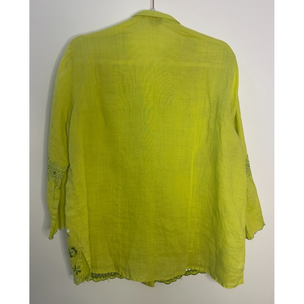 John Mark 100% Linen Embroidered Crochet Lace Blouse Womens Lime Green Medium - Picture 10 of 12